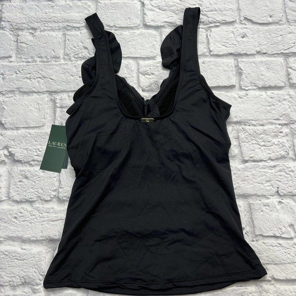 LRL Ralph Lauren BLACK Beach Club Solids Ruffle Tankini Swim Top Size 6 Slimming - Picture 5 of 7